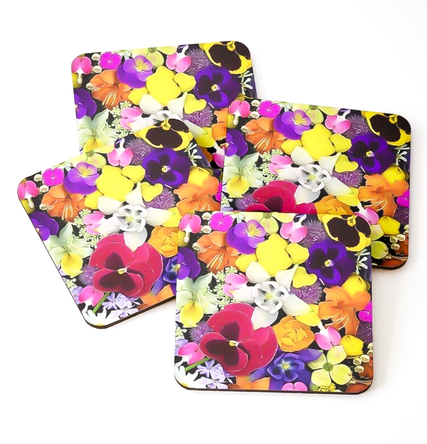 diversity, wildflowers, pride, rainbow, pansies, flowers, botanical, cork coasters, coasters, colorful, flower art