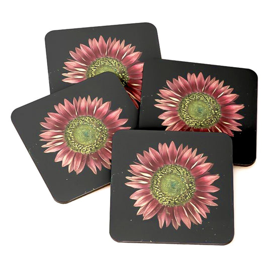 sunflower, sunflowers, red flower, cork coasters, coasters, set of 4