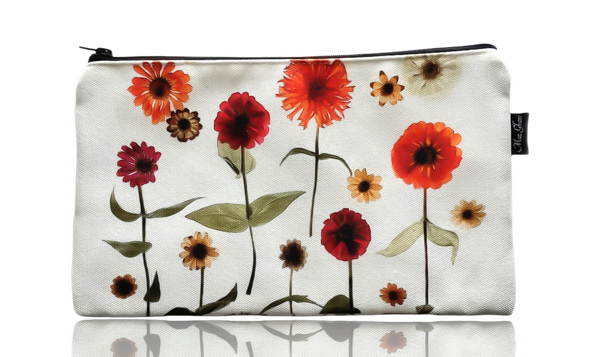 zipper pouch, gift for her, gift ideas, flower bag, floral art, botanical art, canvas bag, cosmetic bag, mai, maz ghani