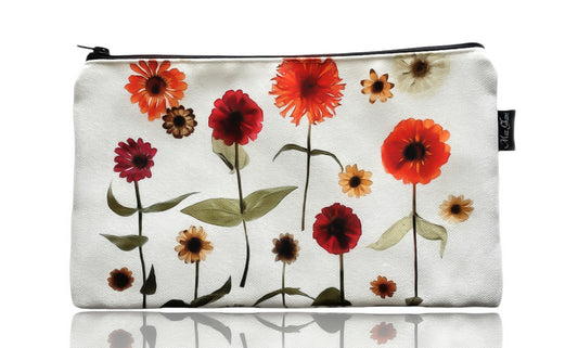 zipper pouch, gift for her, gift ideas, flower bag, floral art, botanical art, canvas bag, cosmetic bag, mai, maz ghani