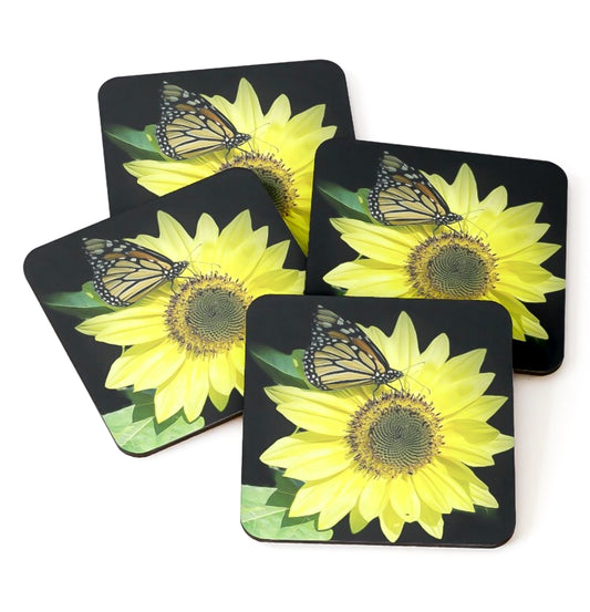 monarch butterfly, sunflower, cork coaster