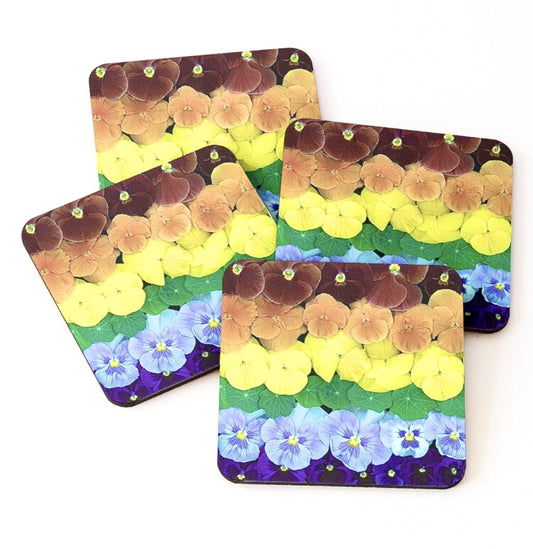 pride, rainbow, pansies, flowers, botanical, cork coasters, coasters, colorful, flower art
