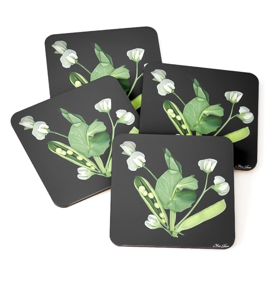 peas, sweet peas, green, white, black, flower photo, art, cork coasters, coasters