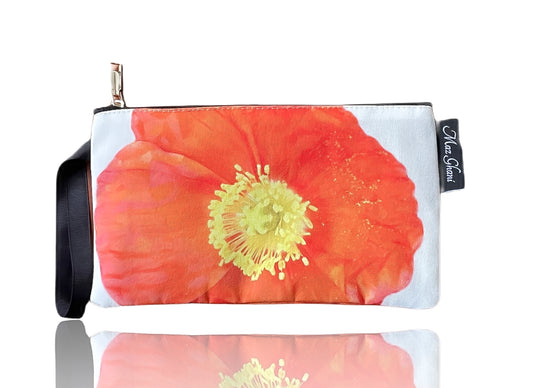 zipper pouch, gift for her, gift ideas, flower bag, floral art, botanical art, canvas bag, cosmetic bag, tangerine, maz ghani