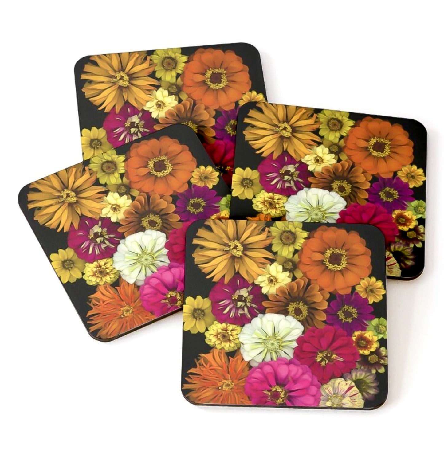 zinnias, colorful flowers, botanical art, flower coasters, cork coasters, zinnia flowers, floral art