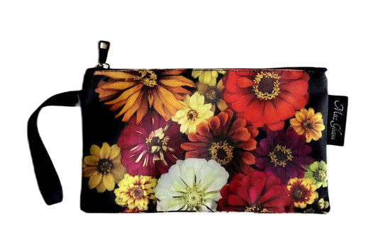 zipper pouch, gift for her, gift ideas, flower bag, floral art, botanical art, canvas bag, cosmetic bag, zinnia, maz ghani