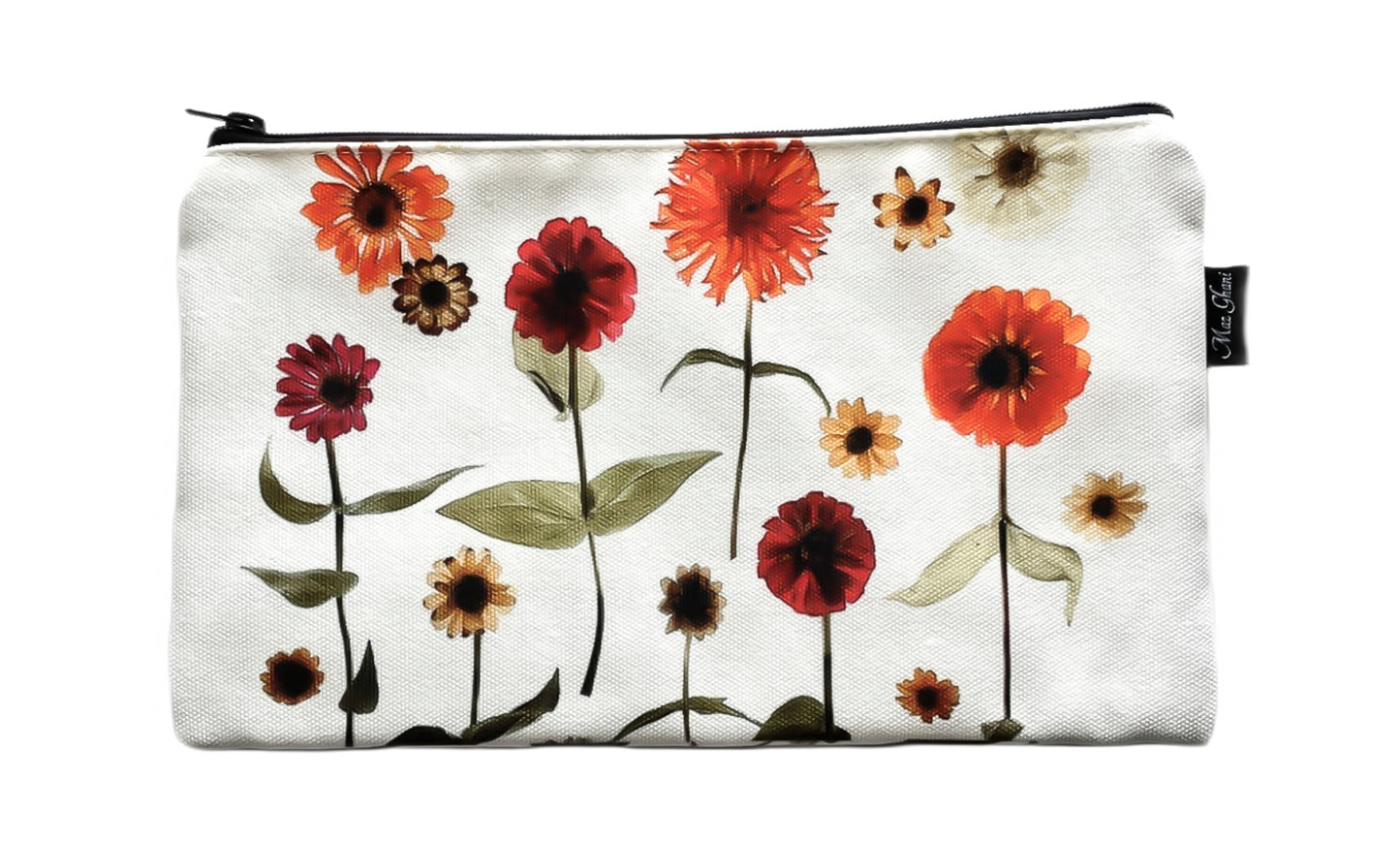 zipper pouch, gift for her, gift ideas, flower bag, floral art, botanical art, canvas bag, cosmetic bag, mai, maz ghani