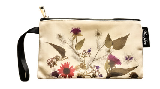 zipper pouch, gift for her, gift ideas, flower bag, floral art, botanical art, canvas bag, cosmetic bag, olivia, maz ghani