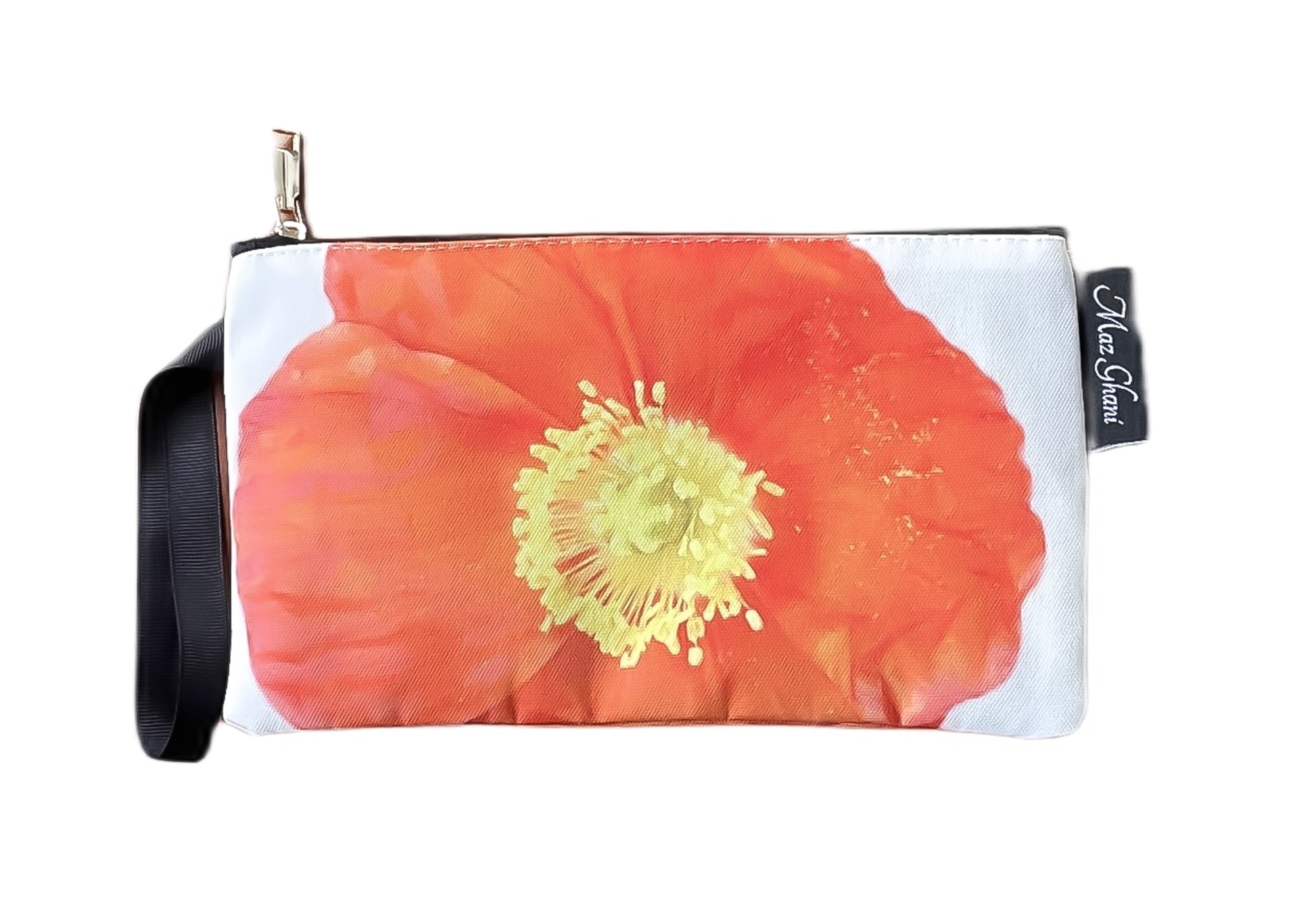 zipper pouch, gift for her, gift ideas, flower bag, floral art, botanical art, canvas bag, cosmetic bag, tangerine, maz ghani