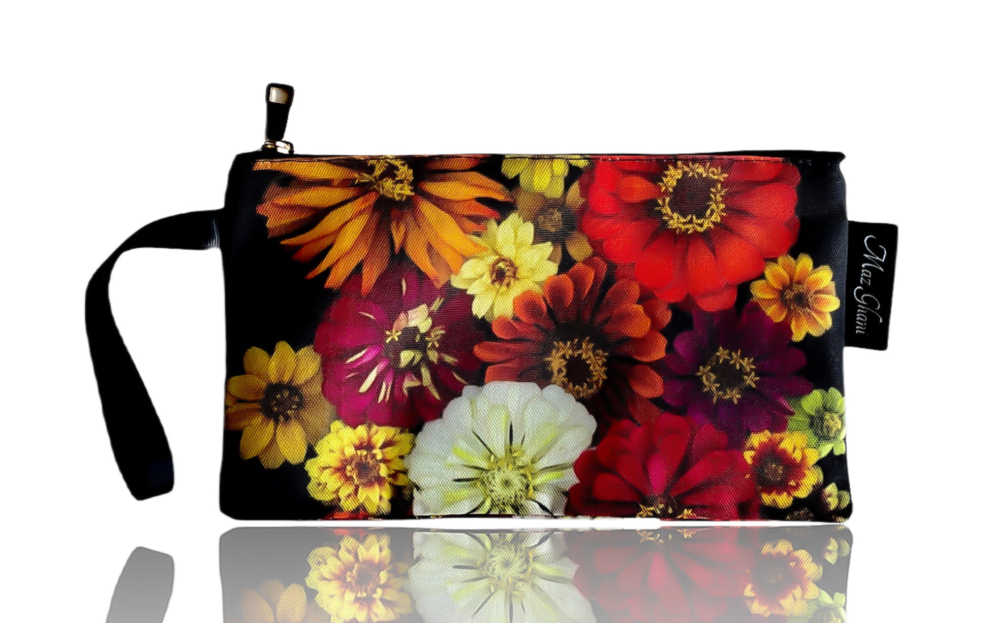 zipper pouch, gift for her, gift ideas, flower bag, floral art, botanical art, canvas bag, cosmetic bag, zinnia, maz ghani